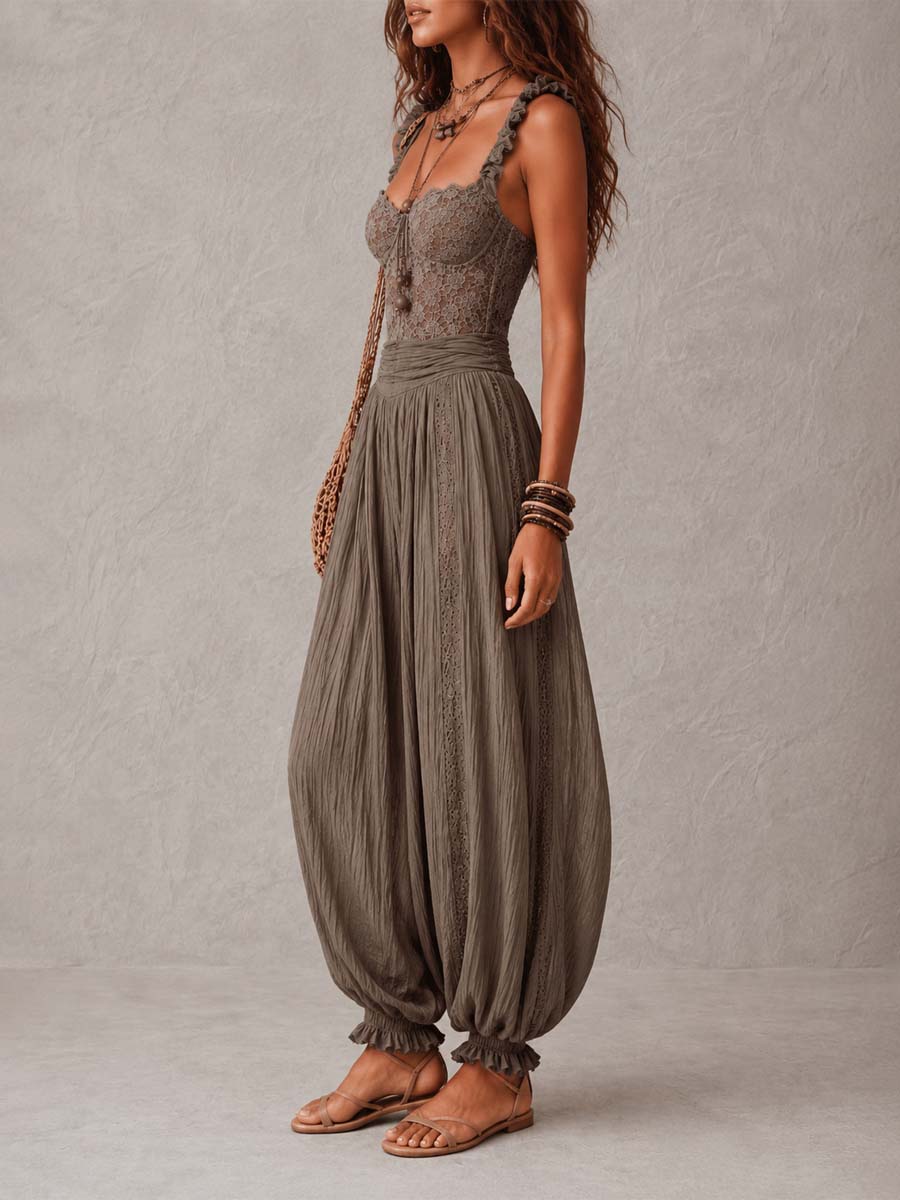Nieves • Grey lace bandeau top and pleated cotton harem trousers set