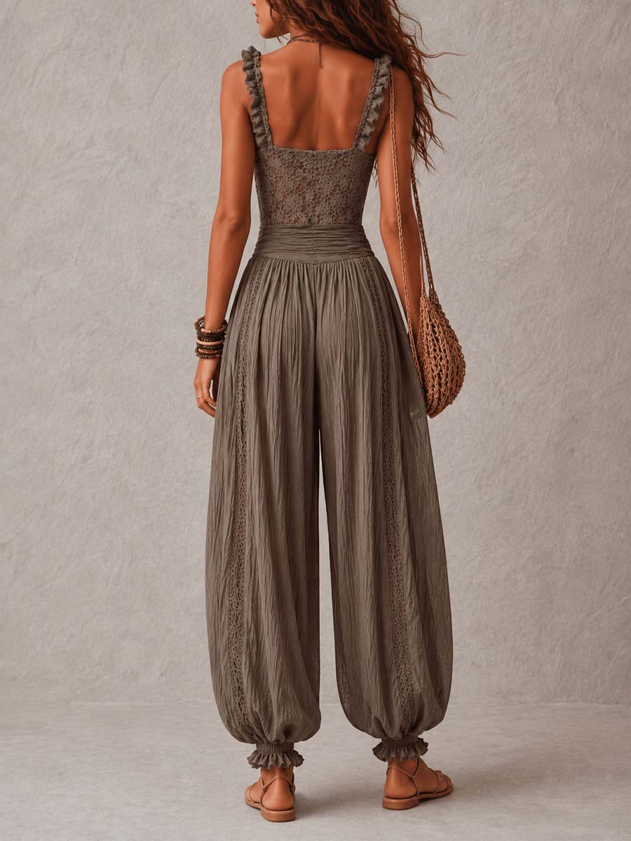 Nieves • Grey lace bandeau top and pleated cotton harem trousers set